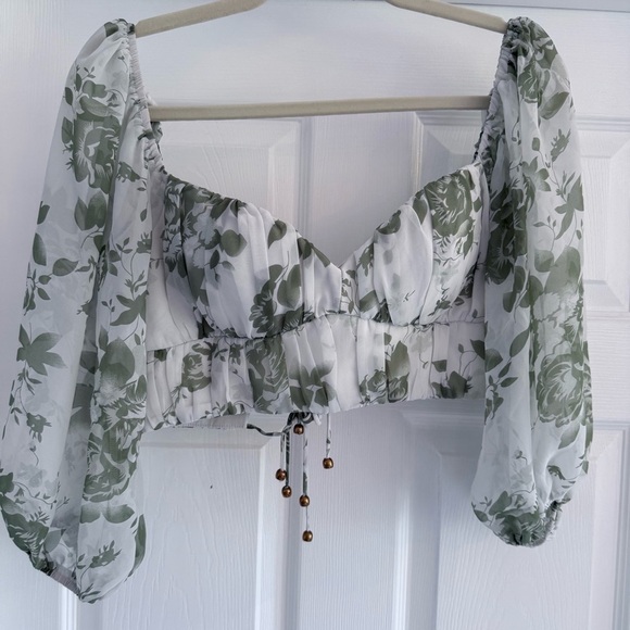 HELLO MOLLY Pretty Polly Green White Floral Tie Back Crop Top with Sleeves XS - Picture 9 of 13